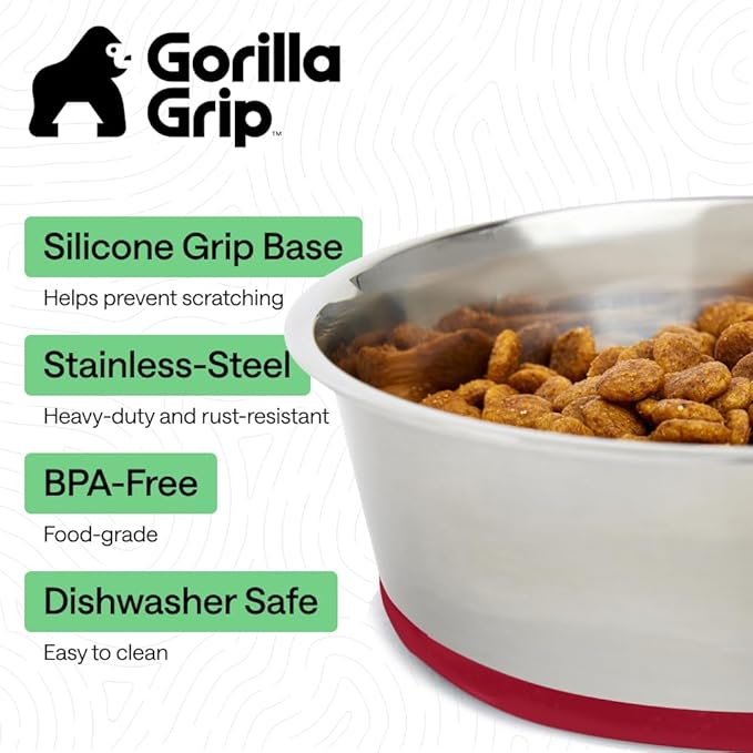 GORILLA GRIP Dog Bowls, Heavy Duty 304 Stainless Steel, Holds 8 Cups Each (64 fl oz) Food and Water Bowl for Feeding Dogs and Cats, Dishwasher Safe, Rust Resistant, BPA Free Rubber Base Set of 2 Red