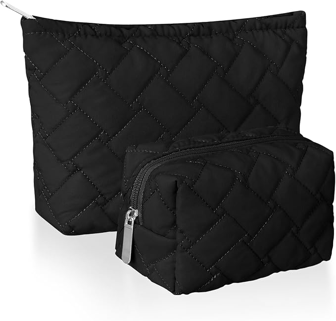 2 Pc Makeup Bag Set Cute Quilted Cosmetic Pouch for Women Travel Toiletry Bag Preppy Small Makeup Purse Pouch Skincare Brushes Storage Organizer Pencil Case Set (Knitted,Quilted,Black)