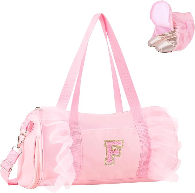 Personalized Initial Dance Bag for Girls 4-6, Small Lace Gym Sport Yoga Cheer Dance Bags Gift for Teen Girls, Cute Letter Kids Ballet Bag Toddler Travel Duffel Tote with Adjustable Straps(Pink-F)