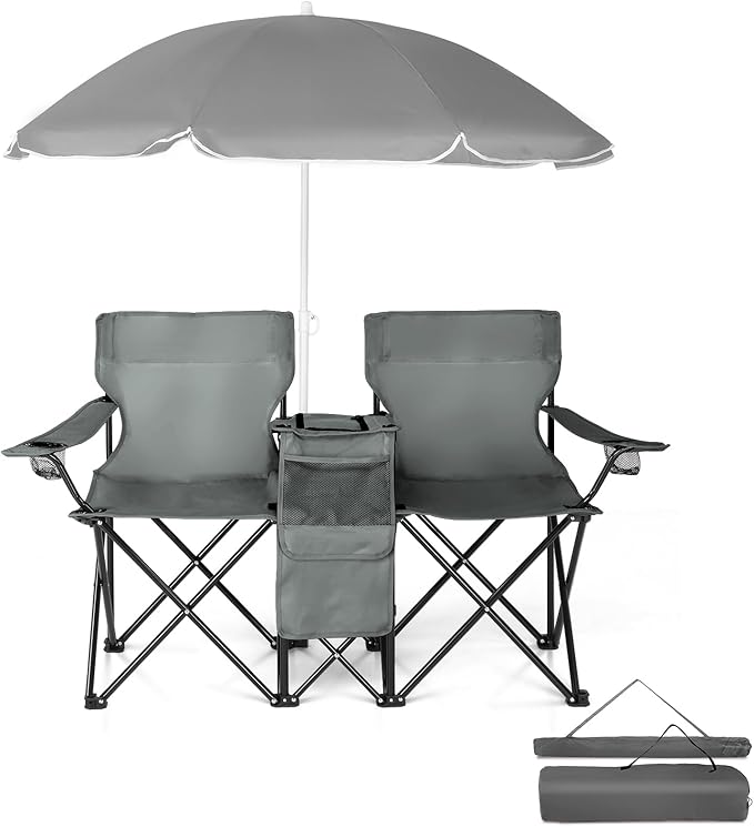 Double Folding Camping Chair W/Umbrella Fold Up Table Beverage Holder Carrying Bag Cooler for Patio Pool Park Outdoor Beach, Picnic, Portable (Grey)