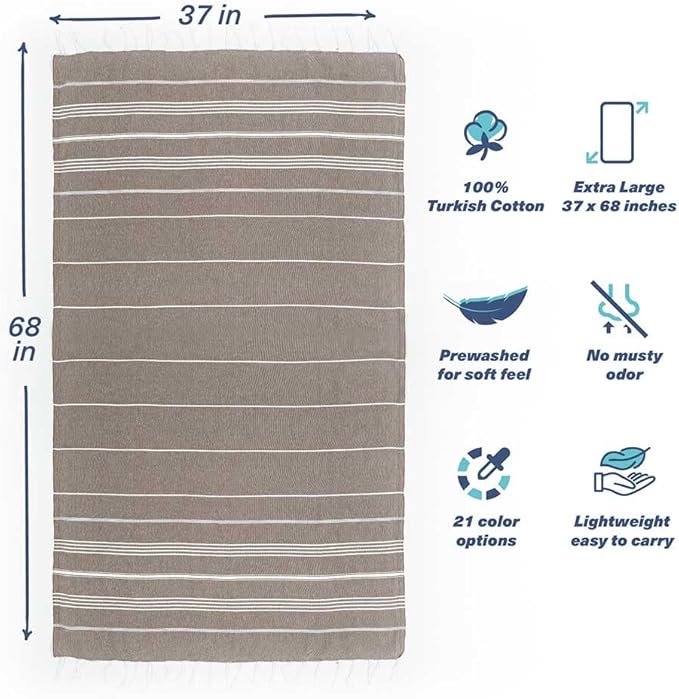 Hencely Turkish Beach Towel 37x68 Oversized, Sand-Free, Quick-Dry, Lightweight - Travel Essential for Pool & Bath - Striped 100% Cotton Bathroom Towels Accessories Gift (Brown)