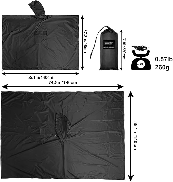 Hooded Rain Poncho for Adults - Waterproof Rain Coat and Lightweight Jacket 3-in-1 Multi-Function with Pockets