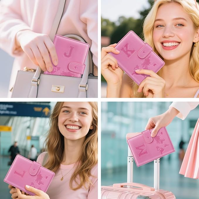 Passport Holder Cover Initail Letter A-Z Travel Wallet Embossed Design RFID Blocking Card Holder Personalized Gift Passport Cover Wallet, Passport Book Holders for Women and Girls, Pink-L