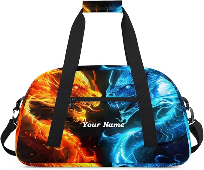 Custom Name Fire and Ice Dragon Boys Gym Travel Duffle Bag with Front Zipper Pocket Personalized Sport Bag for Overnight, Weekender, Carry On,Workout & Dance, 18.9 * 8.7 * 10.6 in