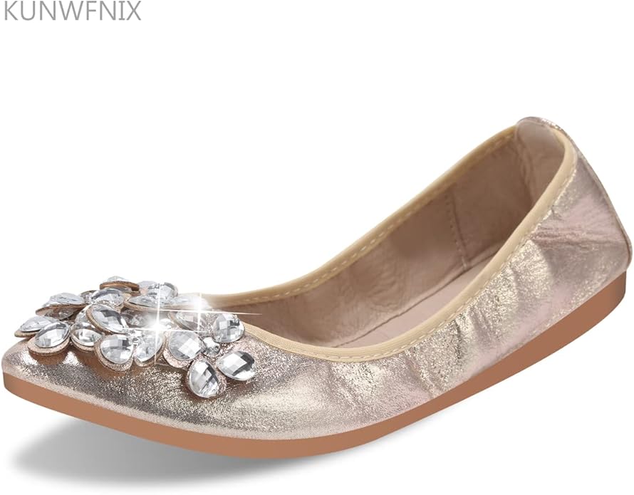KUNWFNIX Women Ballet Flats Rhinestone Wedding Ballerina Shoes Foldable Sparkly Comfort Slip on Flat Shoes