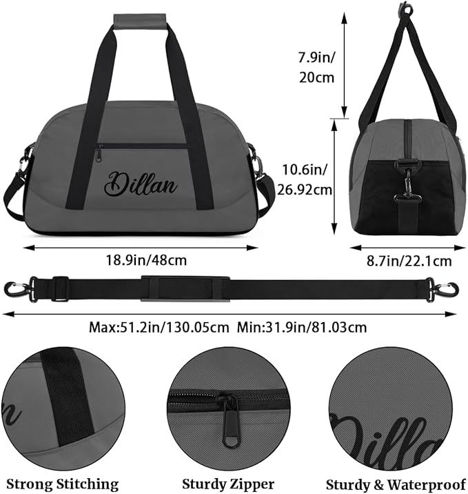 Custom Name Gym Duffel for Kids,Personalized Sports Bag Lightweight Gym Bags for Boys & Girls,Fitness Travel Weekender for Travel, and Workout Dark Gray