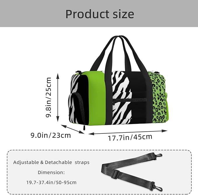 Leopard Print, Zebra Print, Animal Print, Green Women'S Gym Duffle Bag With Shoes Compartment, Ideal For Travel, Gym, Sports, Duffel, Weekender