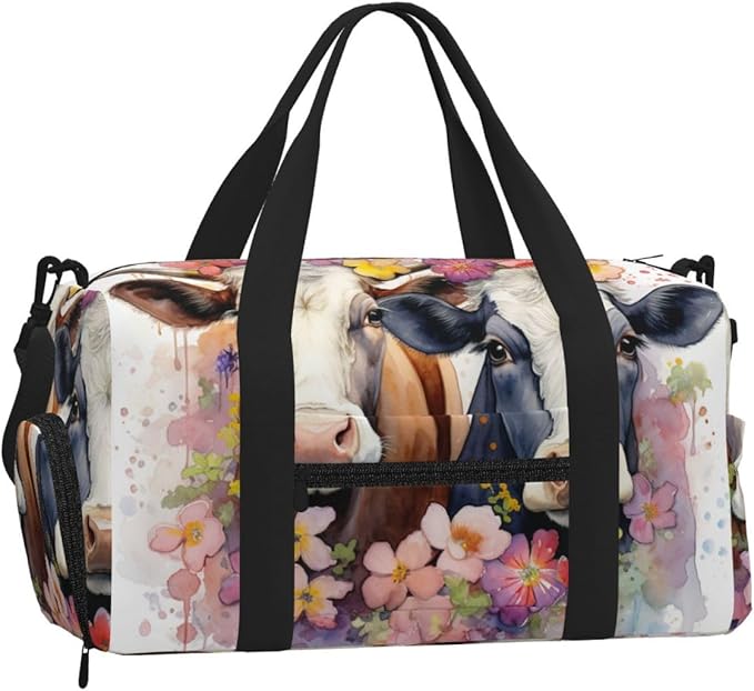 Sports Gym Bag Watercolor Floral Cows Painted Farm Animal Travel Duffel Bag With Shoe Compartment Shoulder Strap, Lightweight Water-Resistant Weekend Overnight Totes For Women Men
