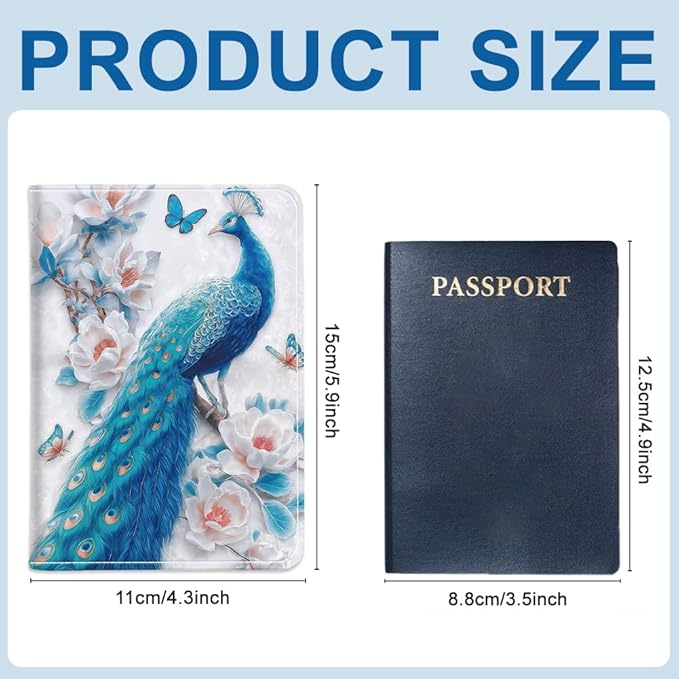 PU Leather Passport Holder Cover 5.9×4.3 Inch with Credit Card Slot and Boarding Pass Slot Combo Blocking Passport Holder Wallet Cover Case for Travel Boarding Essentials (Peacock)