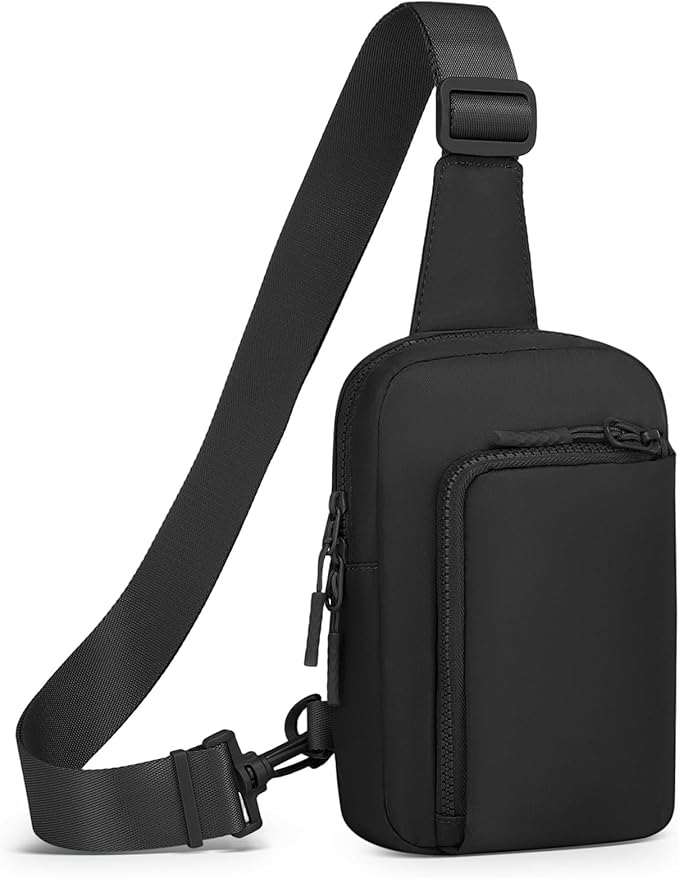 Mini Sling Bag for Men Women, Small Travel Fanny Packs Crossbody Anti Theft Reversible Nylon Chest Bag for Running Hiking (Black)