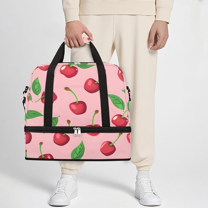 Pink Fruit Cherry Large Weekender Bag with Shoe Compartment Travel Duffel Bags for Women Carry On Hospital Overnight Bag Foldable Personal Item Travel Bags Tote Gym Sports Airplanes