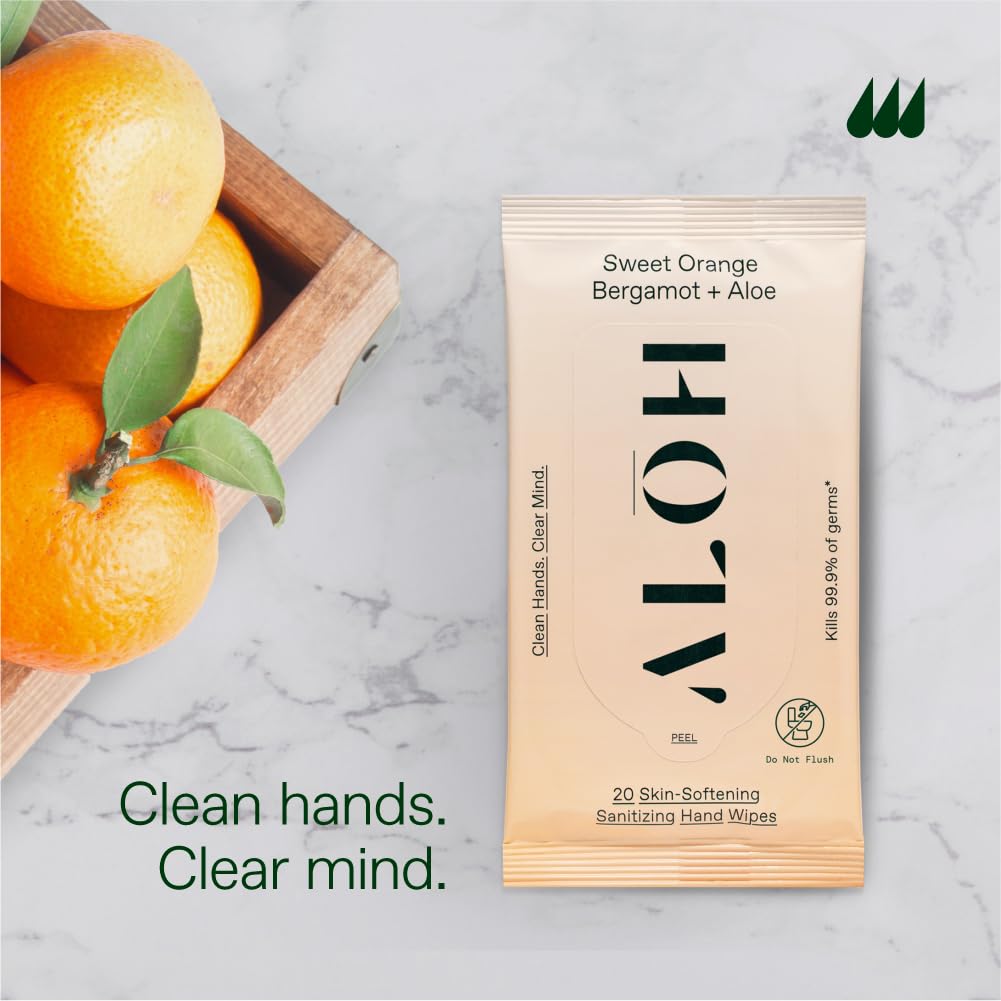 ALŌH Sweet Orange Bergamot + Aloe Sanitizing Hand Wipes - Clean Hands, Clear Mind - On The Go Hand Sanitizer Wipes for Kids and Adults - Travel Size (6 Pack, 20ct Wipes)