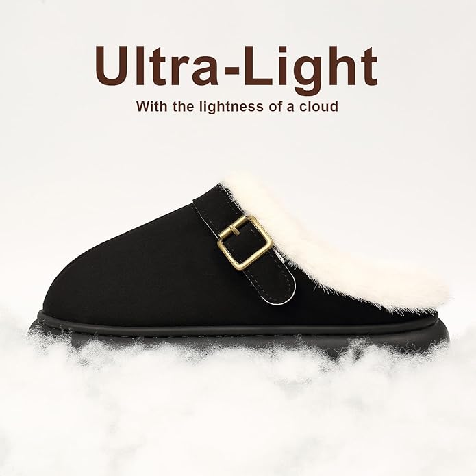Close Toe Slip On Cotton Slippers with Breathable Faux Fur Memory Foam House Slippers for Women Warm Fuzzy Indoor Slippers with Non-Slip Rubber Sole