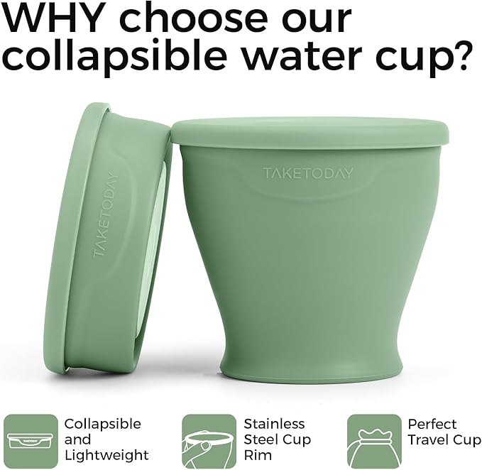TakeToday Collapsible Travel Cup 8 oz - Silicone Foldable Water Cup, BPA-Free with Lid & Waterproof Bag - Drinking Cup Set for Office, Camping & International Travel（Green）