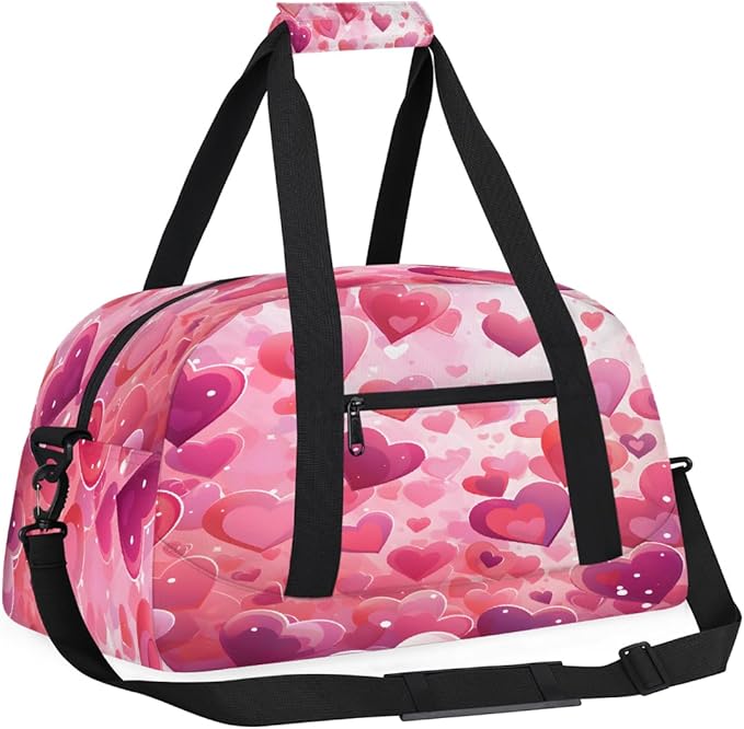 Travel Duffle Bag, Pink Hearts Love Waterproof Weekender Overnight Bags for Women Men Lightweight Carry on Duffle Gym Bag for Travel, Sports, Fitness, Workout