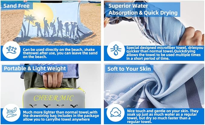 Microfiber Beach Towels: Quick Dry, Sand Free, Compact,Absorbent & Perfect for Travel - Oversized, Lightweight & Quick Drying for Adults(Shark, 1)