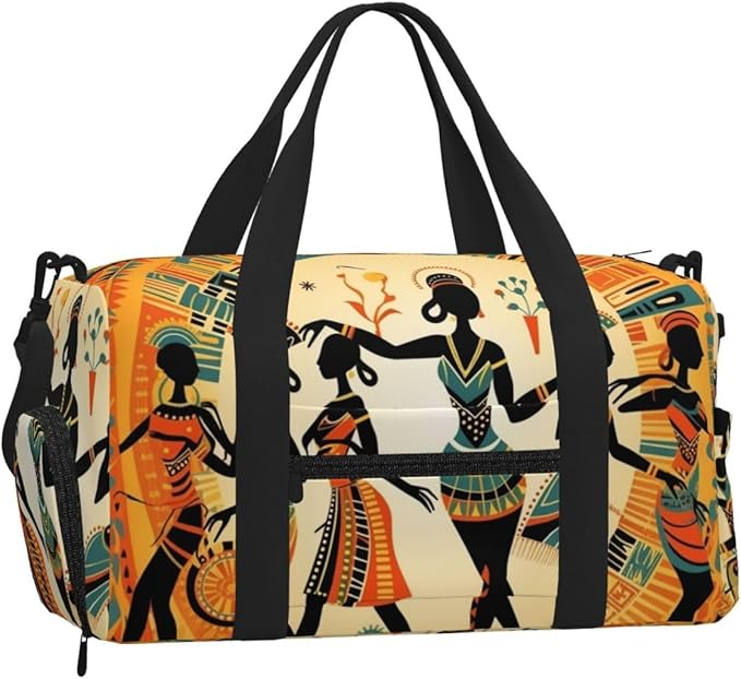 Sports Gym Bag Dancing African Women Ethnic Pattern Travel Duffel Bag With Shoe Compartment Shoulder Strap, Lightweight Water-Resistant Weekend Overnight Totes For Women Men