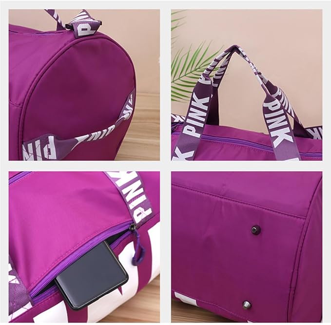 Sports Gym Bag Large Capacity Travel Duffel Bag Sport Shoes Bag with Wet Pocket Compartment for Men and Women Lightweight Multiple Colors PINK Logo (PURPLE)