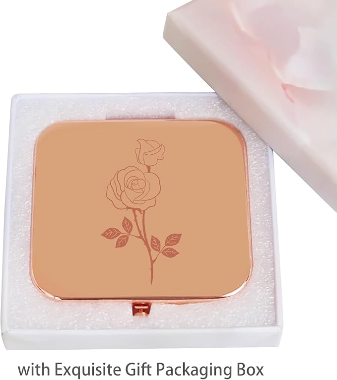 Small Compact Mirror, Rosegold Square 2.8”×2.8” Metal Frame Smooth Style Double Sided Mini Magnifying 1X/2X Mirror for Purse Can be Used as Gifts for Woman (RG02)