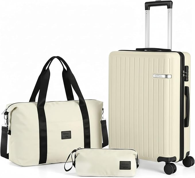 Hoteel Luggage Sets 3 Piece Carry on Luggage with Spinner TSA Lock for Unisex (4-YEAR WARRANTY), ABS+PC Hard Shell Rolling Carry-on Suit Case for Plane, Travel, Business, Off-White (20in/DB/TB)