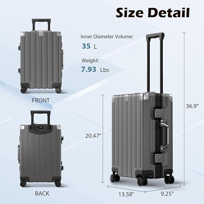 Krute Aluminum Frame Carry On Luggage 20 Inch Zipperless Luggages USB Charger Hardside PC Suitcase With Spinner Wheels Airline Approved Hard Shell Suitcases with TSA Lock (1 Piece)