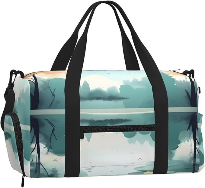 Fallen leaves on lake Print Gym Bag with Shoe Compartment for Women Men, 17.7in Sports Duffle Weekender Tote, Overnight Travel Duffel Bag Carry On