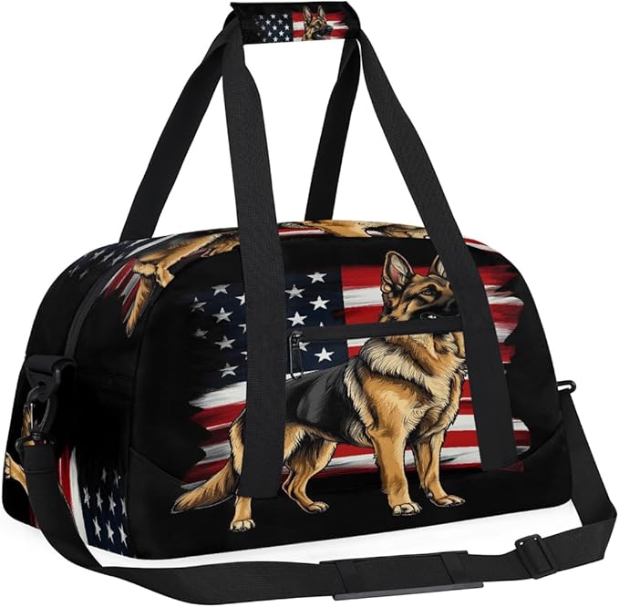 Kids Duffle Bag Girls Boys American Flag Shepherd Dog On Black Weekender Overnight Bag,Lightweight Duffel Bags for Traveling Gym Sport Dance