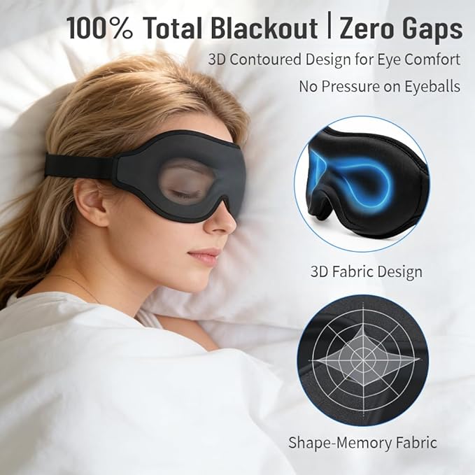 3D Cooling Sleep Mask, 100% Blackout Eye Mask for Side & Light Sleepers, Zero-Pressure Adjustable Blindfold for Travel, Naps & Shift Work (Black)