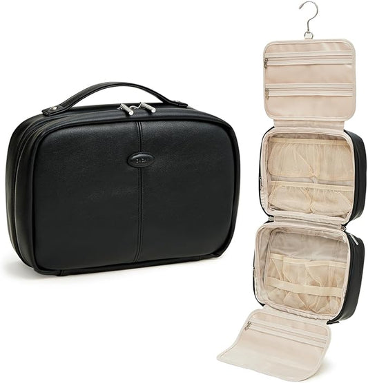 EACHY Toiletry Bag with Hanging Hook, Travel Makeup Bag PU Leather Cosmetic Bags for Women Make Up Organizer with 4 Compartments Waterproof Full-Size Portable Travel Essentials (Black，Pro)