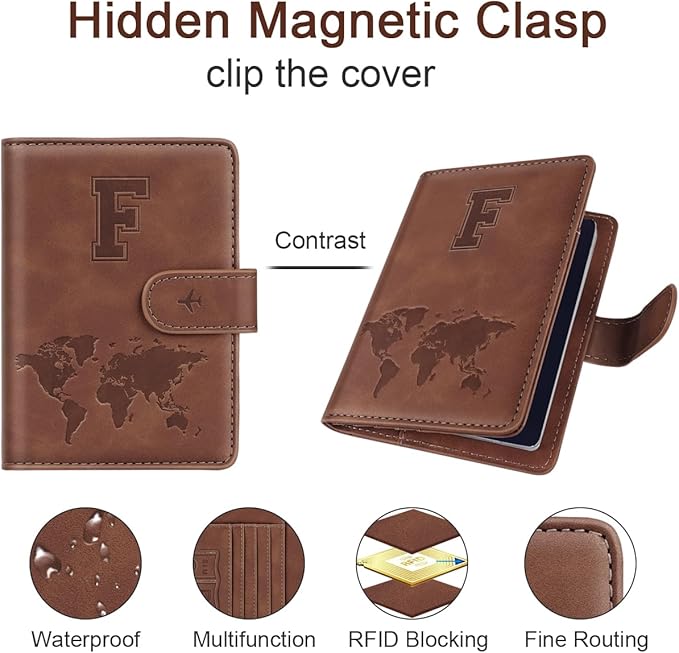 Passport Holder Wallet Cover Personalized Letter A-Z Travel Wallet RFID Blocking Passport Cover Wallet Case for Travel Passport Book Holders for Women and Men, Brown-F