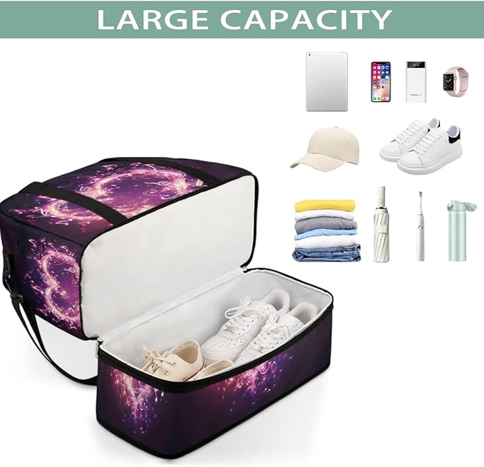 Pink Musical Note Heart Large Weekender Bag with Shoe Compartment Travel Duffel Bags for Women Carry On Hospital Overnight Bag Foldable Personal Item Travel Bags Tote Gym Sports Airplanes