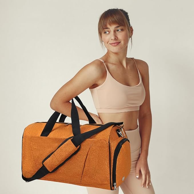 NGIL Glitter Cheers Sports Gym Duffel with Shoe Compartment and Small Carry on Travel Tote Bags for Women, Gym bag, Overnight bags for Women, Cheer Bag (Glitter-Orange)