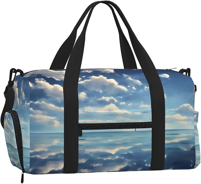 White clouds over the sea Print Gym Bag with Shoe Compartment for Women Men, 17.7in Sports Duffle Weekender Tote, Overnight Travel Duffel Bag Carry On