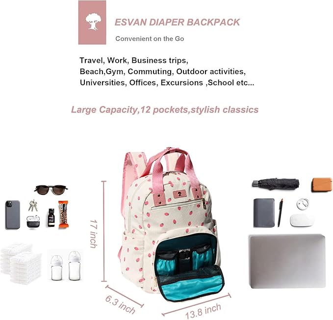 Diaper Bag Backpack, Large Capacity Multifunction Baby Essentials Fashion Travel Pack Linen Canvas office Laptop Bag (Corduroy Pink Strawberry)