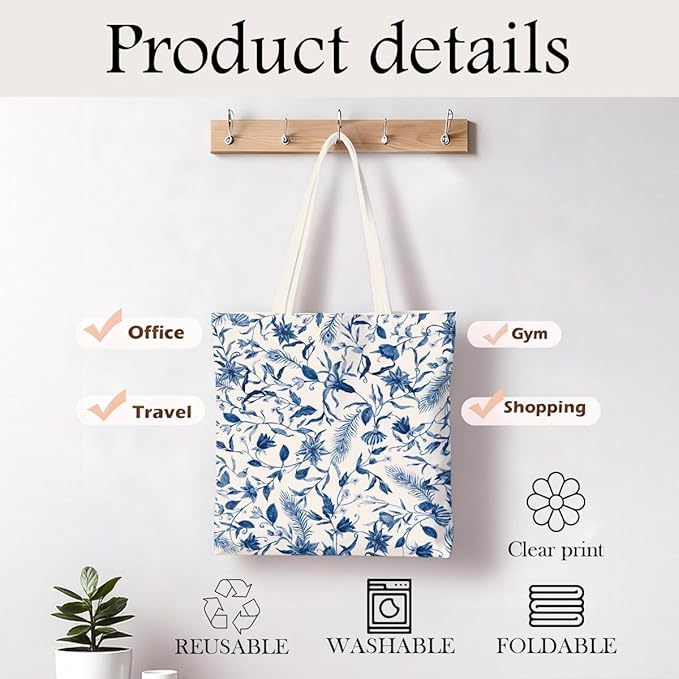 Canvas Tote Bag for Women, Vintage Print Handbag, Aesthetic Shopping Bag for Work Travel Beach, Everyday Shoulder Tote