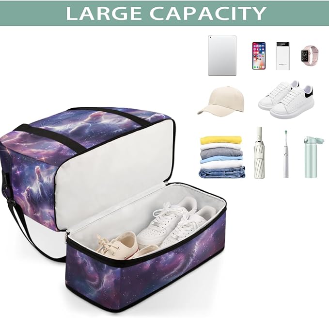 Purple Galaxy Kitten Cat Large Weekender Bag with Shoe Compartment Travel Duffel Bags for Women Carry On Hospital Overnight Bag Foldable Personal Item Travel Bags Tote Gym Sports Airplanes