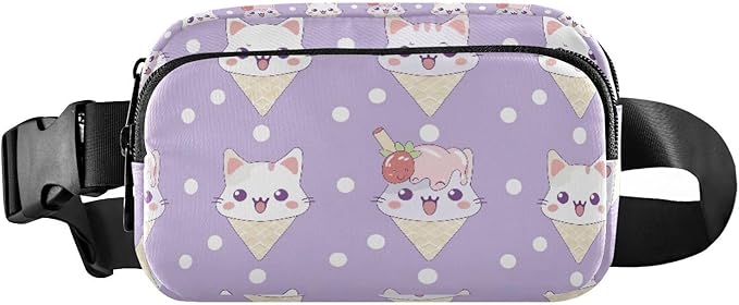 Kawaii Cat Ice Cream Polka Dots Fanny Pack for Women Men Water Resistant Fashion Waist Packs with Adjustable Strap Belt Bag for Travel Workout Jogging Hiking 21219102