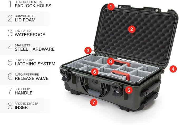 NANUK 935 Hard Case with Padded Divider – Waterproof Equipment Case with Wheels, 22” x 14” x 9” – Dustproof and Impact Resistant, Airline Carry-On Approved – Olive