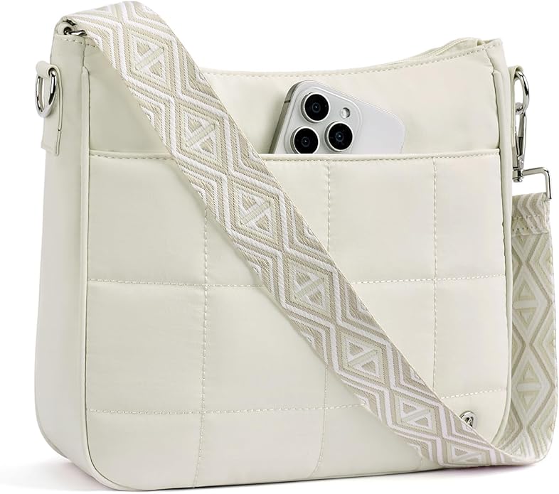 Anti Theft Crossbody Bags for Women,Quilted Puffer Travel Purses Shoulder Hobo Bag Handbag with Guitar Strap