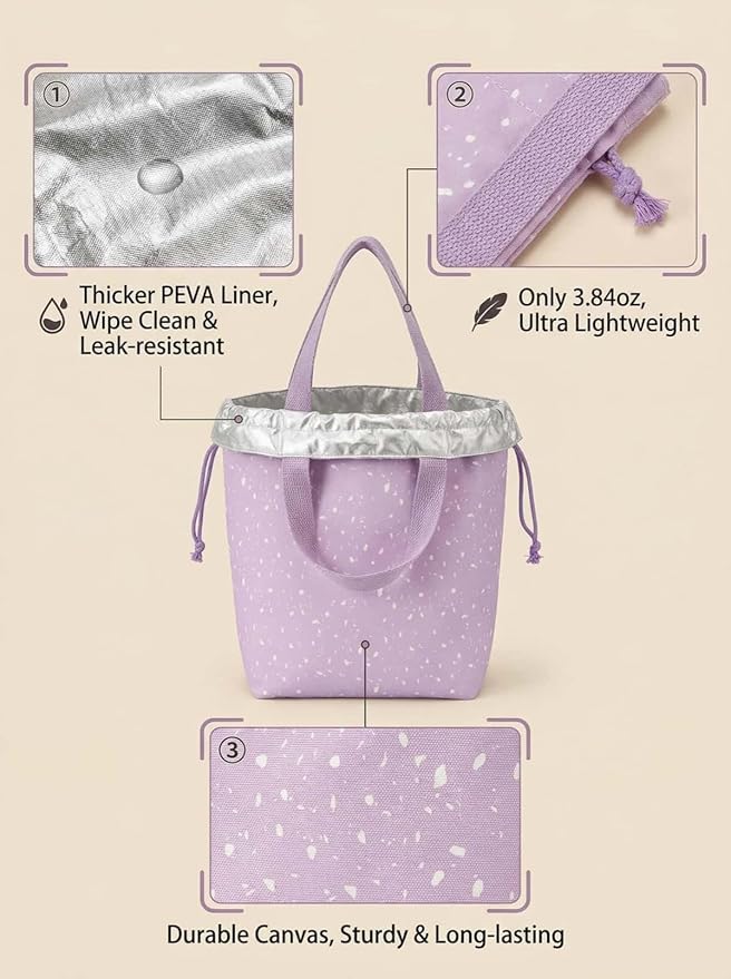 Reusable Small Lunch Bag,Drawstring Lunch Bag,Insulated Handbag Tote bag with Handle (Purple)