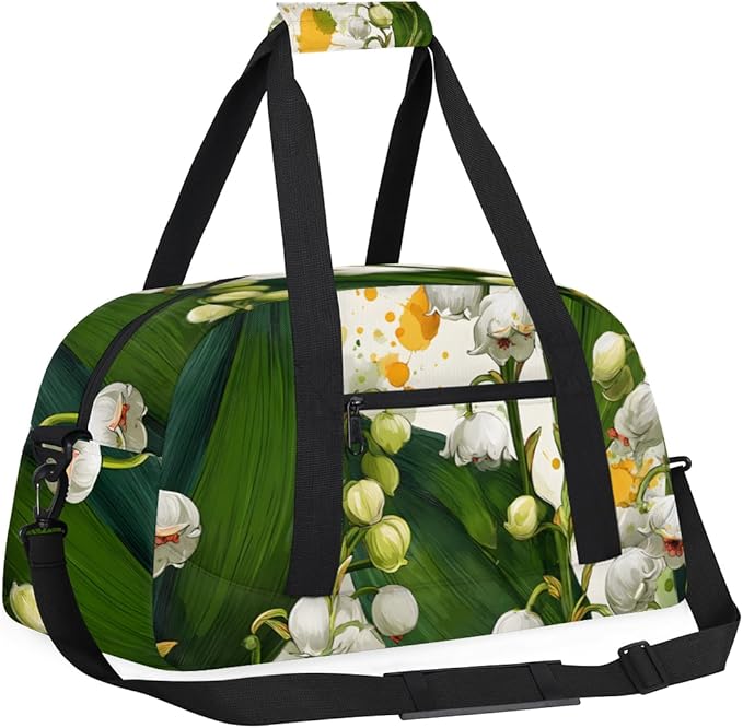 Lovely Lily of the Valley Gym Travel Duffle Bag for Women & Men with Front Zipper Pocket for Sports, Overnight, Weekender, Carry On,Workout & Dance Bag,Cute White,18.9 * 8.7 * 10.6 in