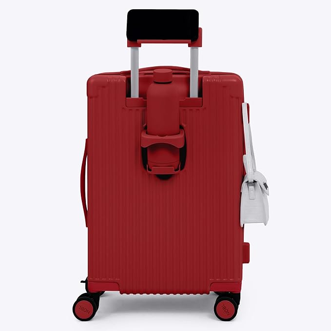 Nobl Travel Carry On Expandable Luggage, Noble Aluminum Frame PC Hard Shell Suitcase, 22.5”x14.2”x9.8” Airline Approved, 360° Spinner Wheels, TSA Locks, USB Charging, Cup & Phone Holder - Cherry Red