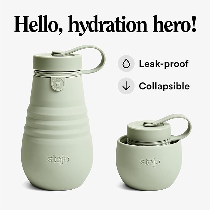 STOJO Jr Collapsible Bottle for Kids - Sage Green, 14oz / 400ml - Leak-Proof Reusable Silicone Travel Cup for Hot & Cold Drinks - On-The-Go Camping & Hiking - Microwave & Dishwasher Safe