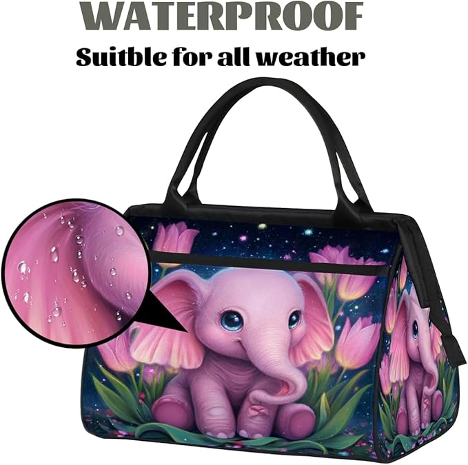 Gym Bag for Women Men, Starry Pink Elephant Tulips Sports Duffel Bags, Waterproof Travel Weekender Overnight Carry On Tote Bags for Travel Sports