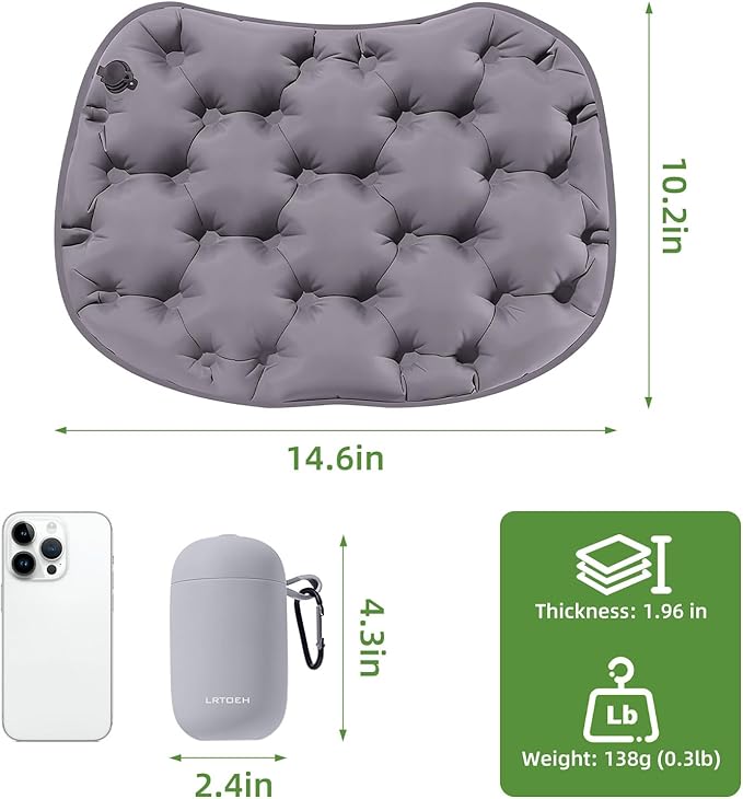 Inflatable Seat Cushion with Air Pump, Airplane Seat Cushion for Long Flights, Lightweight Stadium Seats Pad, Travel Portable Push-Press Air Seats Cushions for Hiking Office Car(Gray)