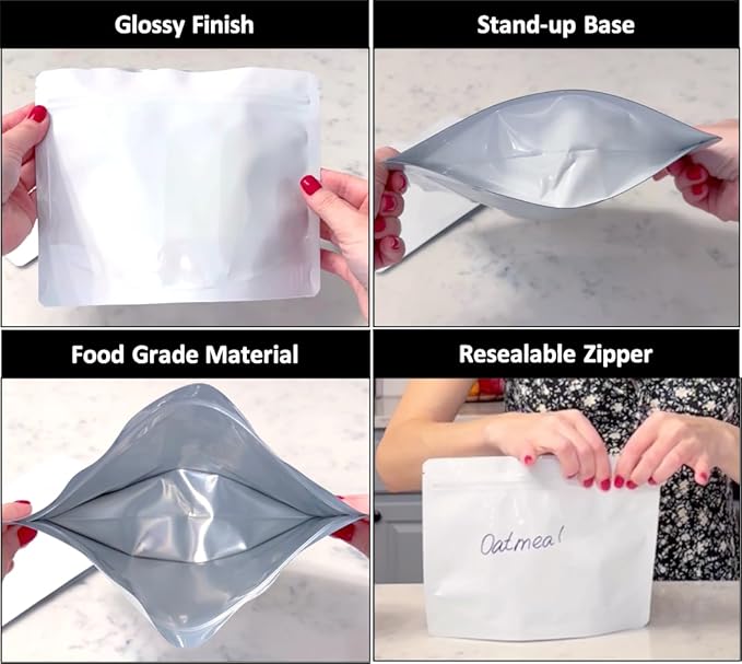 50 Pack 7.5 Mil White Mylar Stand Up Bags - 8.5x6.5 Inches Resealable Smell Proof Bag withstand Hot Water - Foil Sealable Zipper Food Storage Pouch - Glossy White