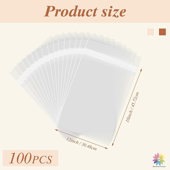 Mat Board Center, (100 Pack) 12 7/16" x 18 1/4" Acid-Free Clear Picture Sleeves, Self Sealing Cello Bags for 12x18 Prints, Photos, Clothing & T-Shirt