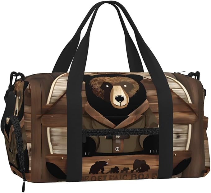 Rustic Lodge Bear Print Gym Bag with Shoe Compartment for Women Men, 17.7in Sports Duffle Weekender Tote, Overnight Travel Duffel Bag Carry On