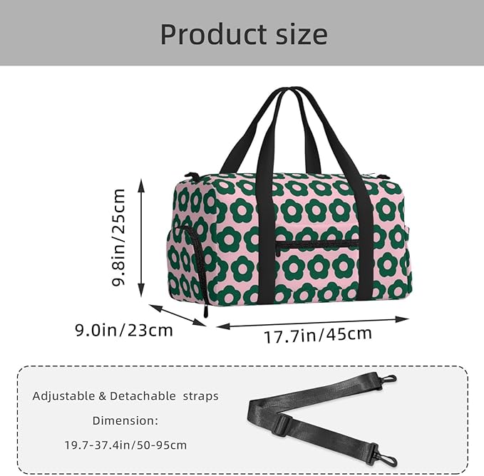 Cute Green Floral Pattern Retro Women'S Gym Duffle Bag With Shoes Compartment, Ideal For Travel, Gym, Sports, Duffel, Weekender