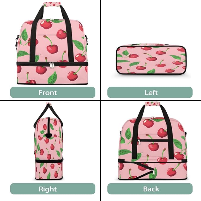 Pink Fruit Cherry Large Weekender Bag with Shoe Compartment Travel Duffel Bags for Women Carry On Hospital Overnight Bag Foldable Personal Item Travel Bags Tote Gym Sports Airplanes